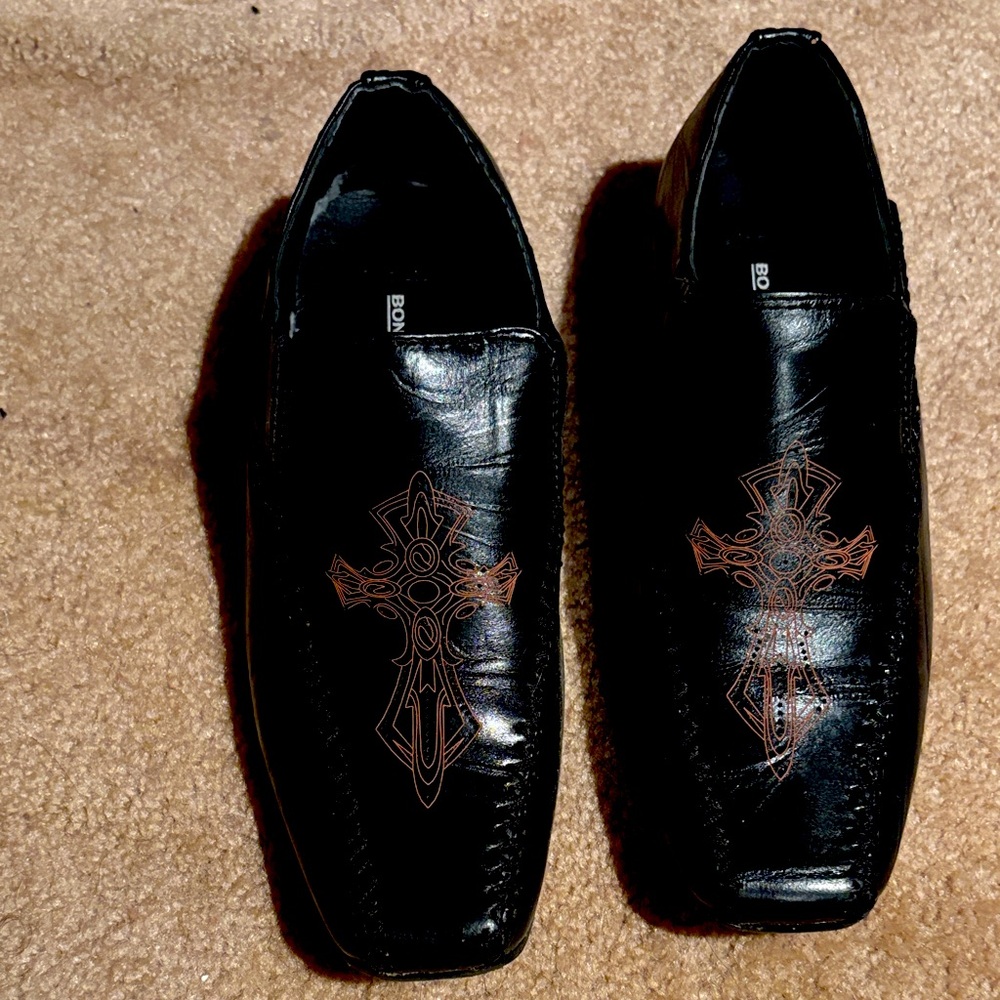 BDG Black Leather Loafers with Brown Cross Design